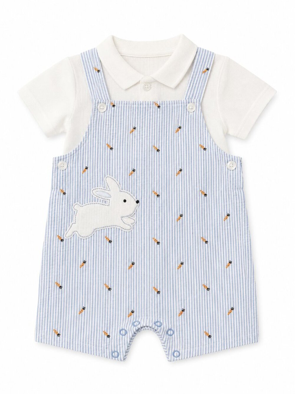 NWT Baby Essentials Baby Boy 2 Piece Bunny Romper Set 12M Blue Seersucker